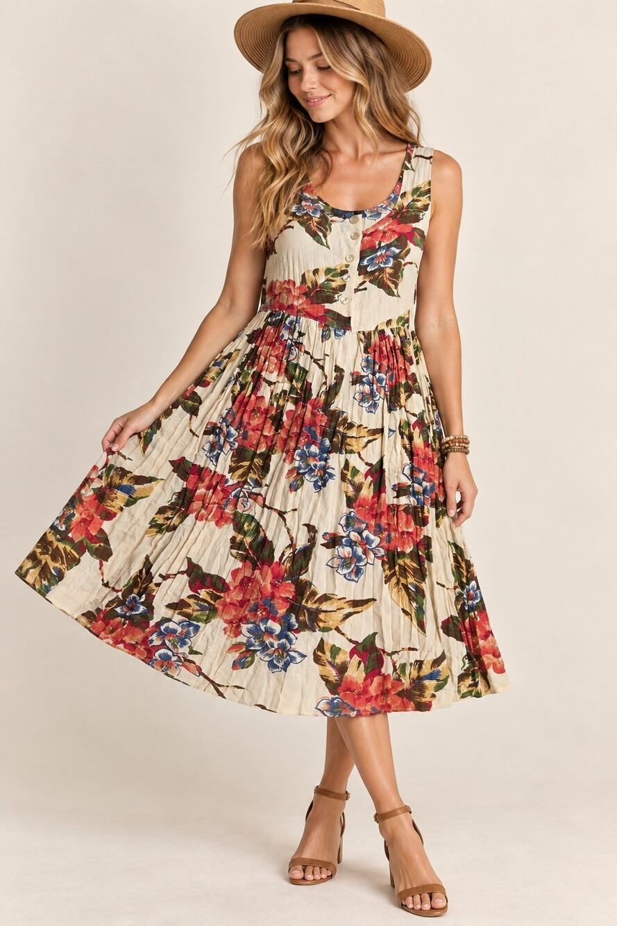 Karen Kane Lifestyle Vintage 90s Floral Midi Dress Crinkle Button Front Boho M